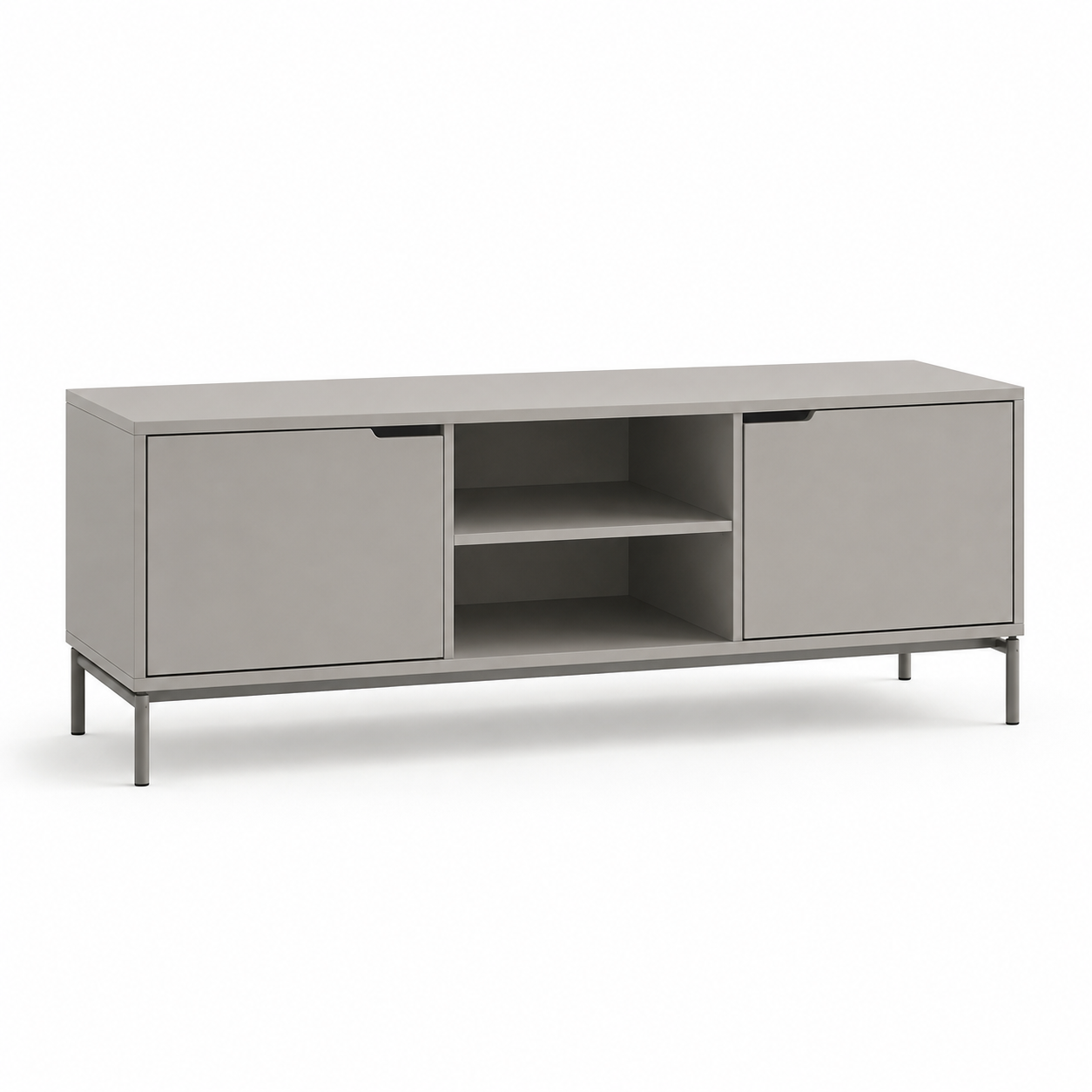 Meuble TV scandinave gris perle 140x40x48 cm avec 2 portes et une niche centrale