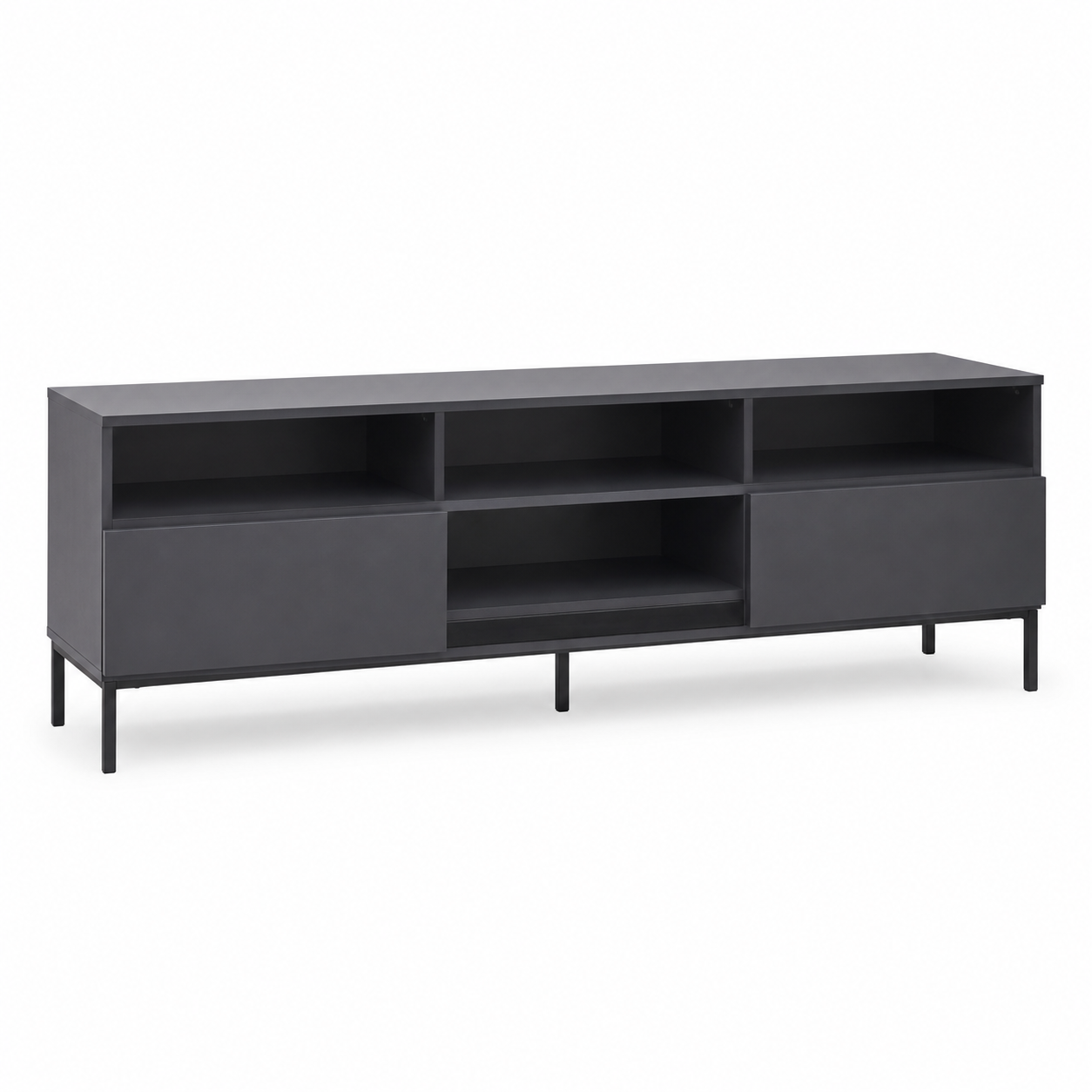 Meuble TV minimaliste graphite 160x40x45 cm avec 3 niches ouvertes et 2 portes