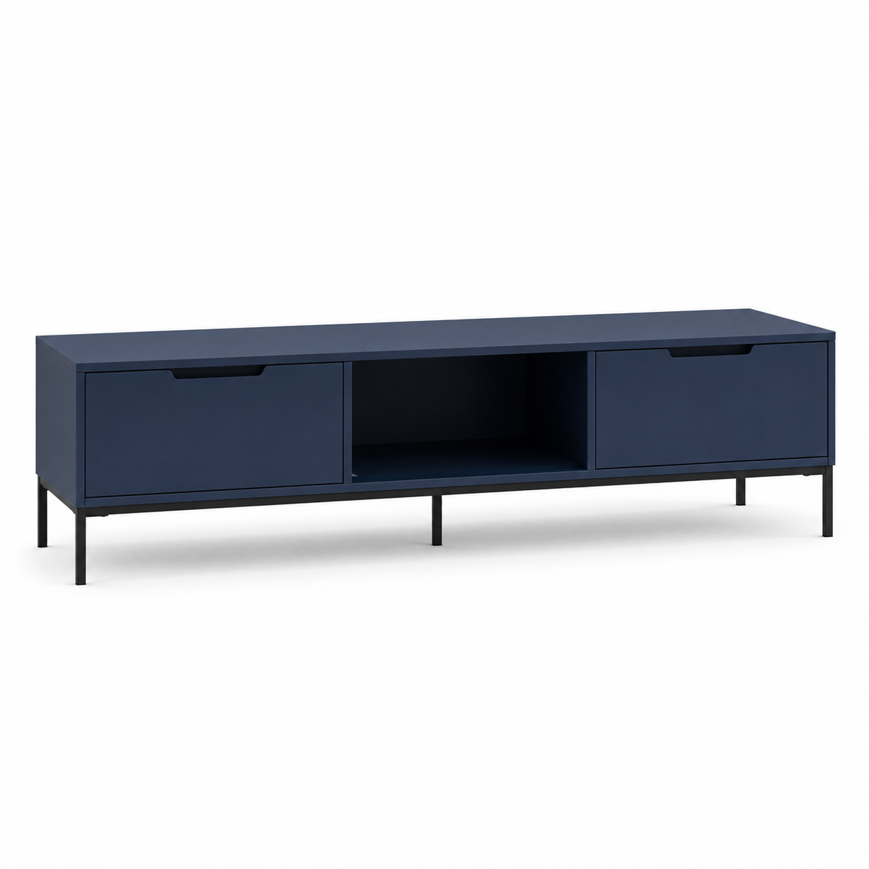 Meuble TV contemporain bleu nuit 150x40x50 cm avec 2 tiroirs et une niche ouverte
