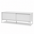Meuble TV moderne blanc froid 120x38x46 cm avec 2 portes coulissantes et format compact