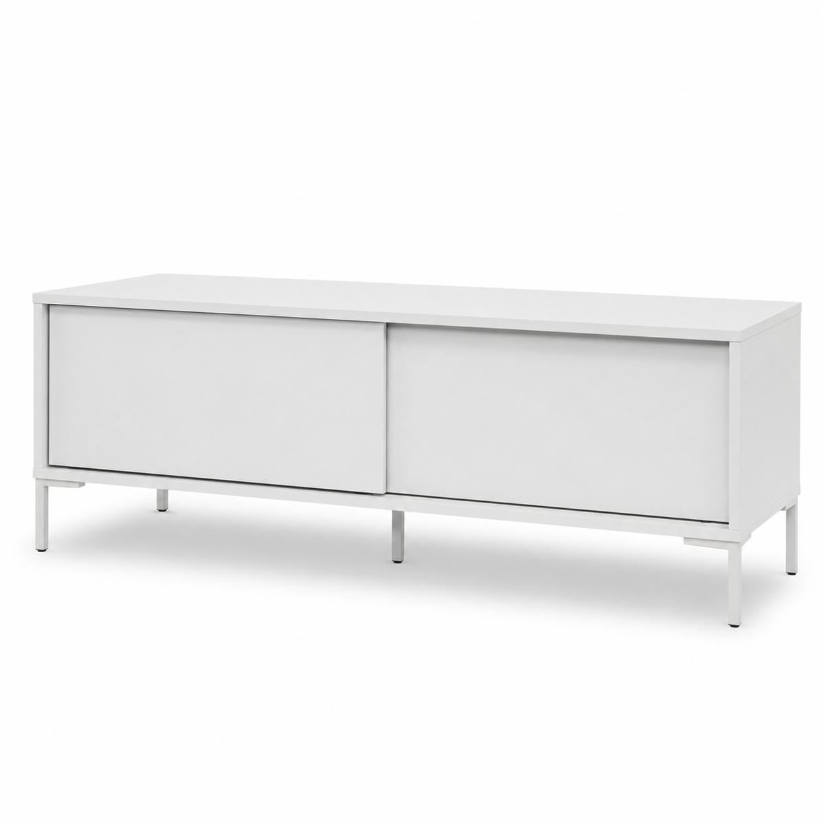 Meuble TV moderne blanc froid 120x38x46 cm avec 2 portes coulissantes et format compact