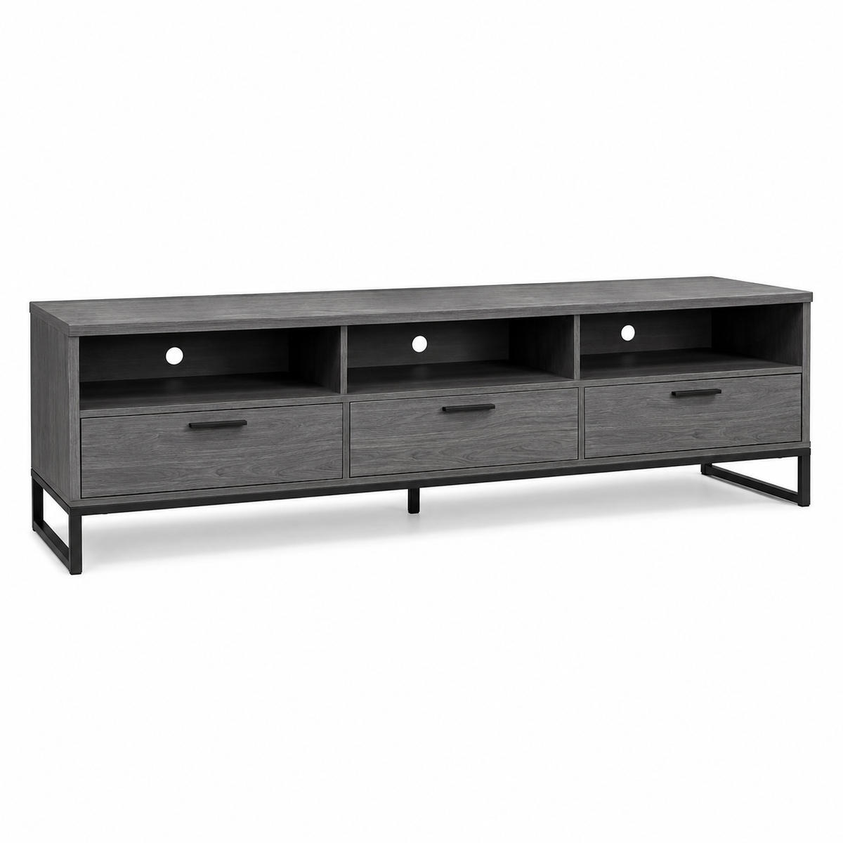 Meuble TV industriel doux gris acier 170x42x52 cm avec piètement métal et 3 espaces de rangement