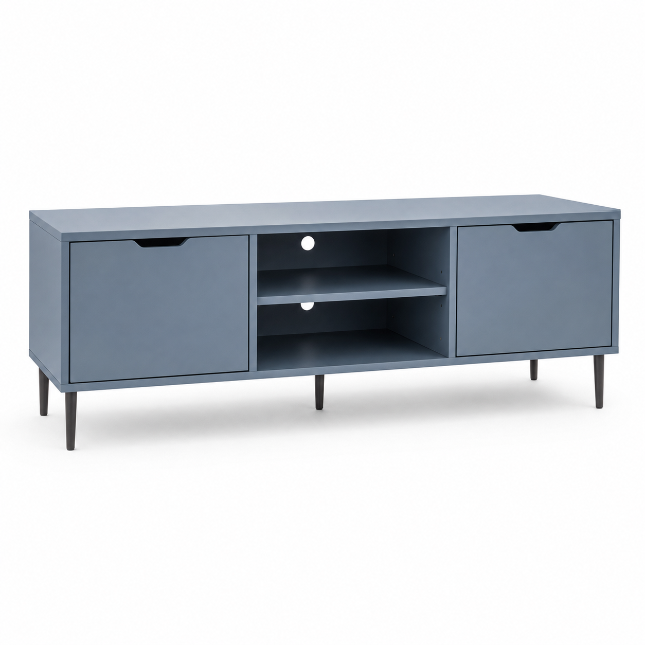 Meuble TV scandinave bleu brume 135x39x47 cm avec 2 portes et tablette centrale réglable