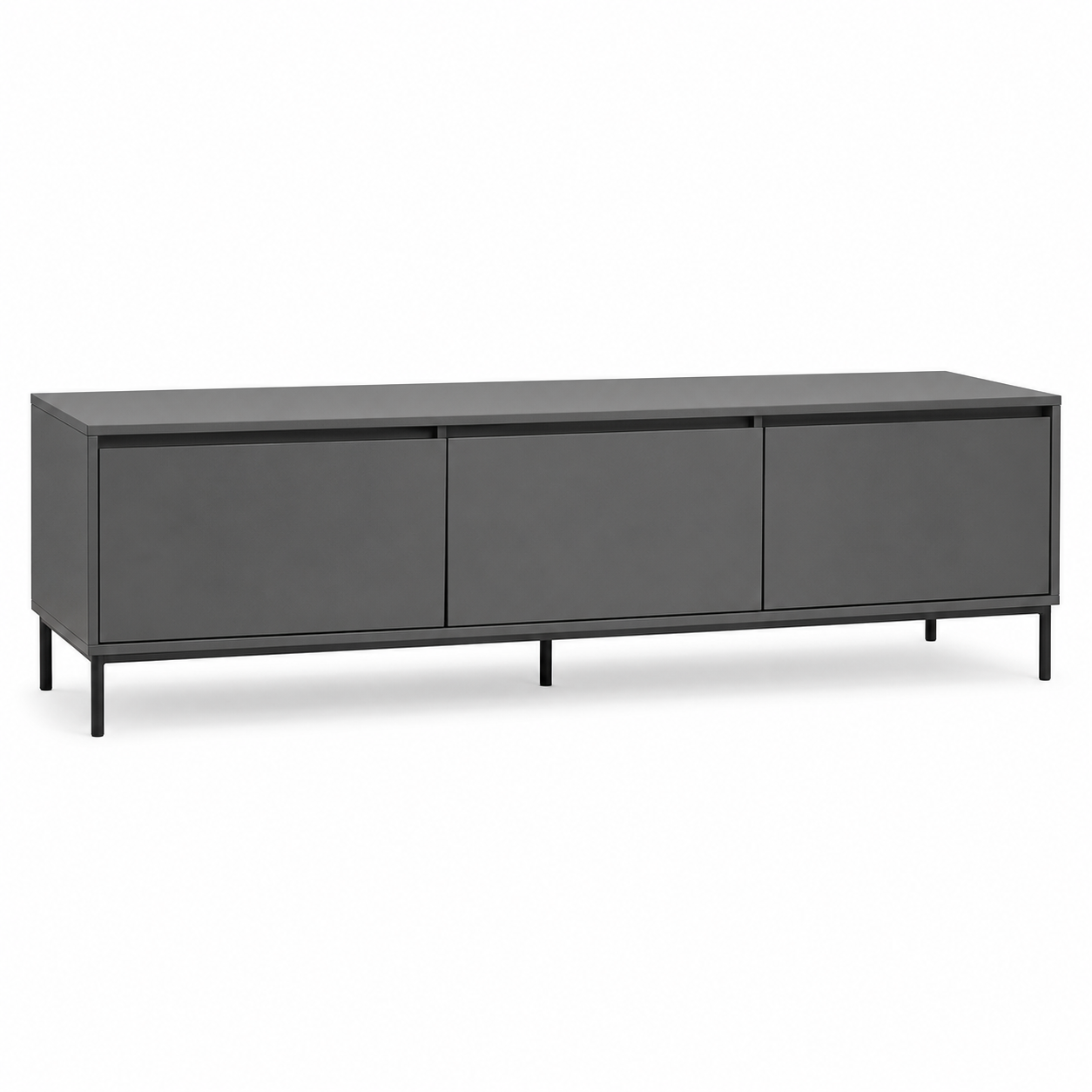 Meuble TV minimaliste gris ardoise 155x40x45 cm avec 3 portes sans poignée