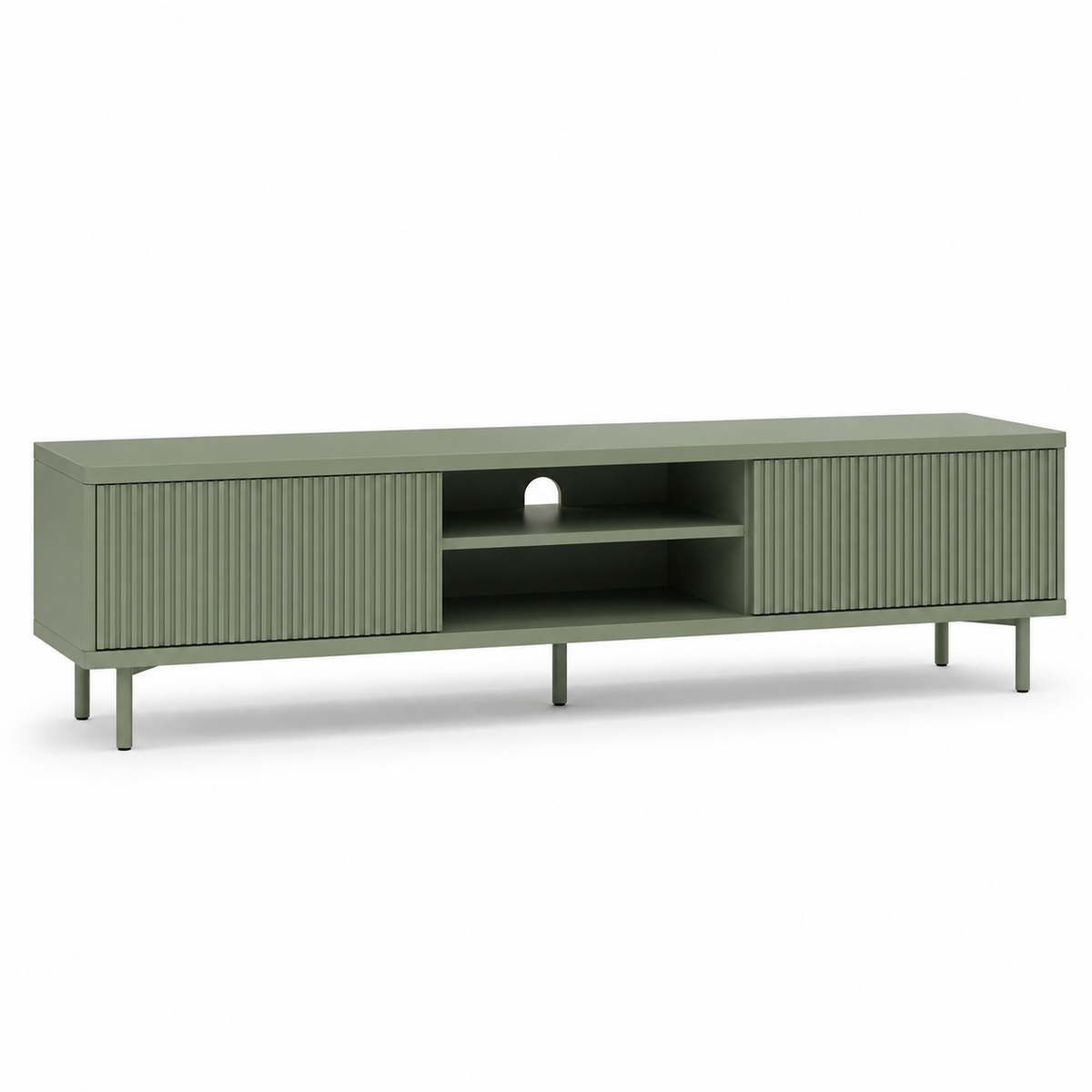 Meuble TV Japandi vert sauge froid 175x41x49 cm avec façade texturée et 2 niches ouvertes