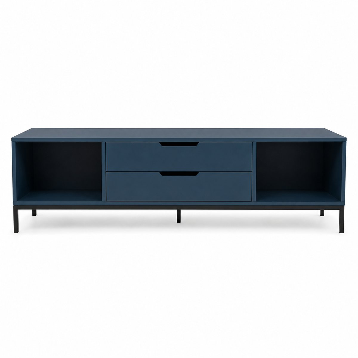 Meuble TV moderne bleu pétrole 145x40x48 cm avec 2 tiroirs et 2 niches latérales