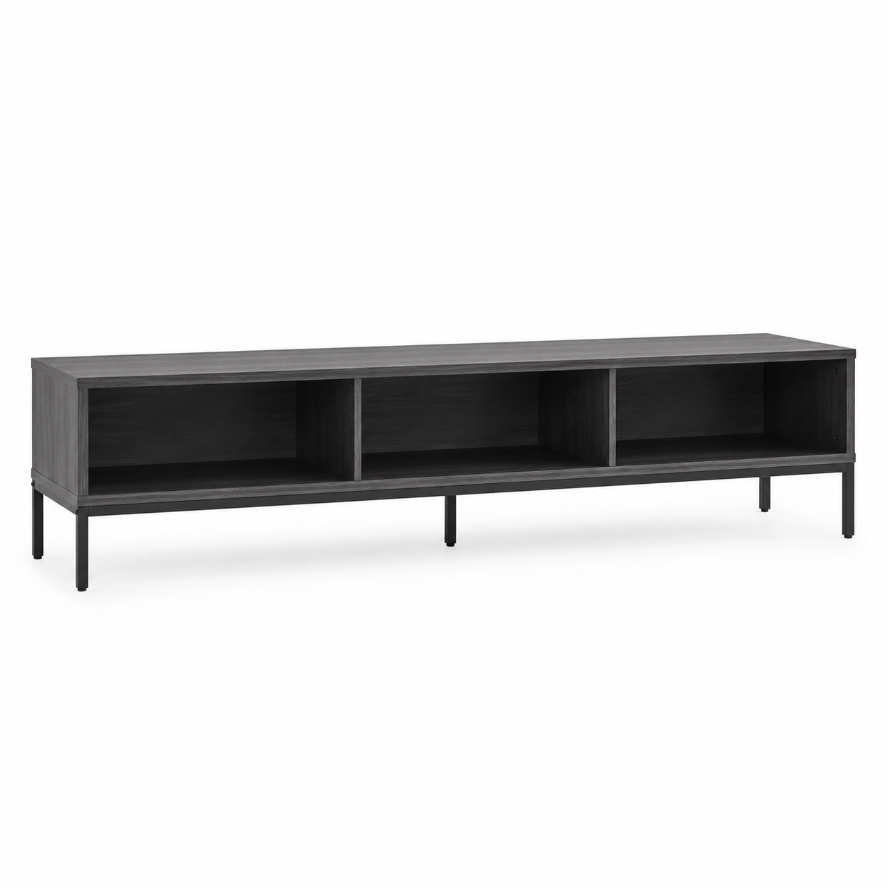 Meuble TV industriel doux graphite 165x41x50 cm avec structure surélevée et 3 compartiments