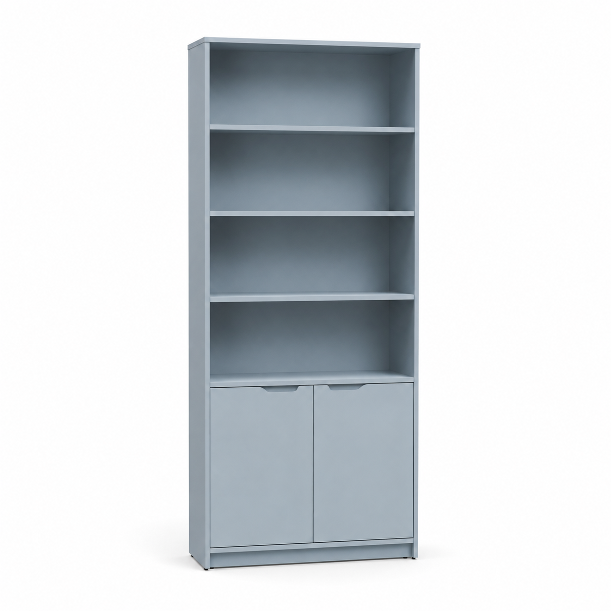 Bibliothèque scandinave bleu brume 70x32x175 cm avec 4 étagères et 2 portes basses