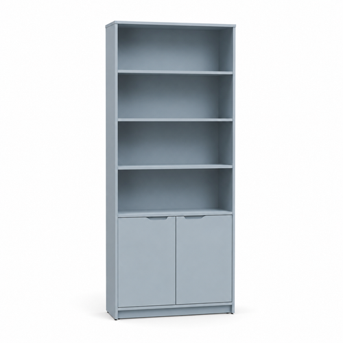 Bibliothèque scandinave bleu brume 70x32x175 cm avec 4 étagères et 2 portes basses