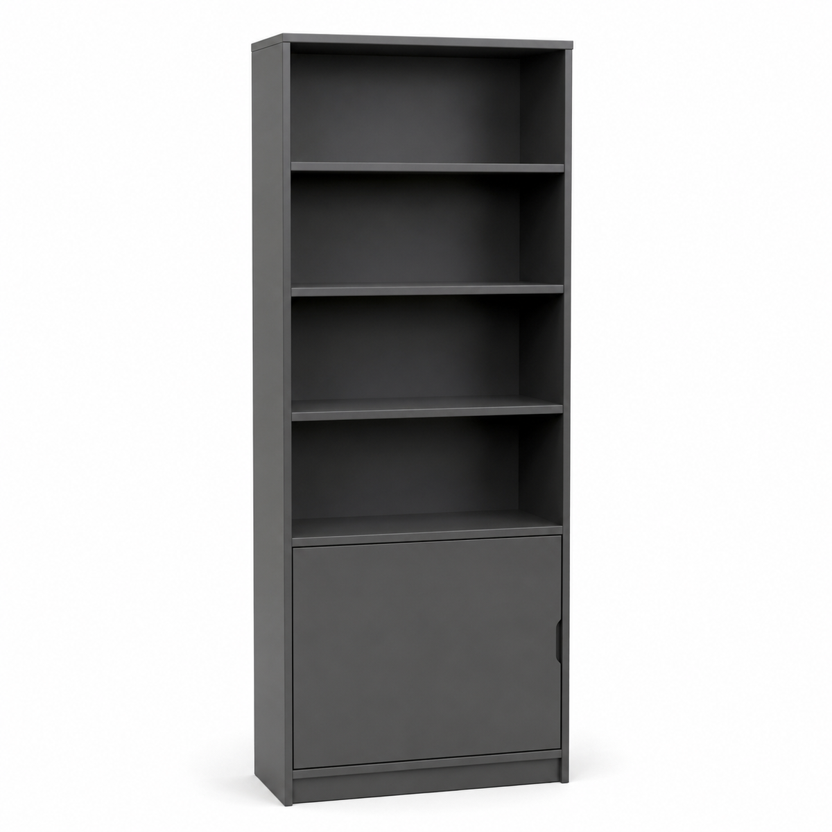 Bibliothèque minimaliste gris ardoise 75x30x170 cm avec 4 niveaux et 1 caisson fermé