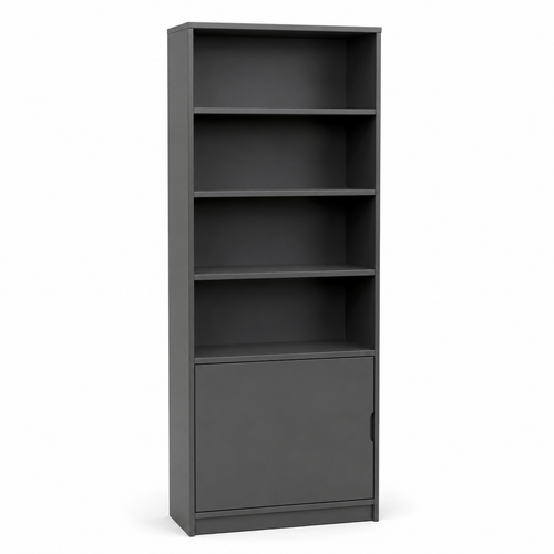 Bibliothèque minimaliste gris ardoise 75x30x170 cm avec 4 niveaux et 1 caisson fermé
