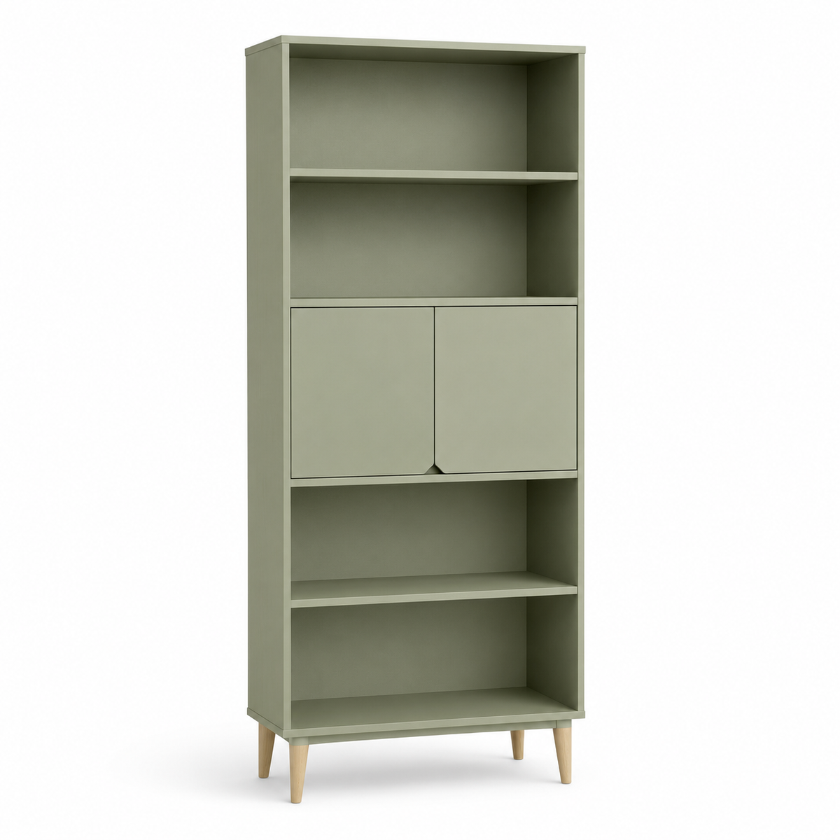 Bibliothèque scandinave vert sauge froid 95x32x185 cm avec 5 niveaux et 2 portes
