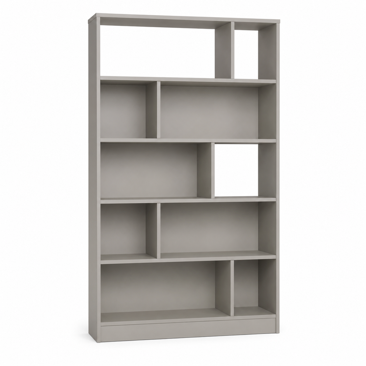 Bibliothèque Japandi gris perle 110x34x190 cm avec 6 niveaux et niches décalées