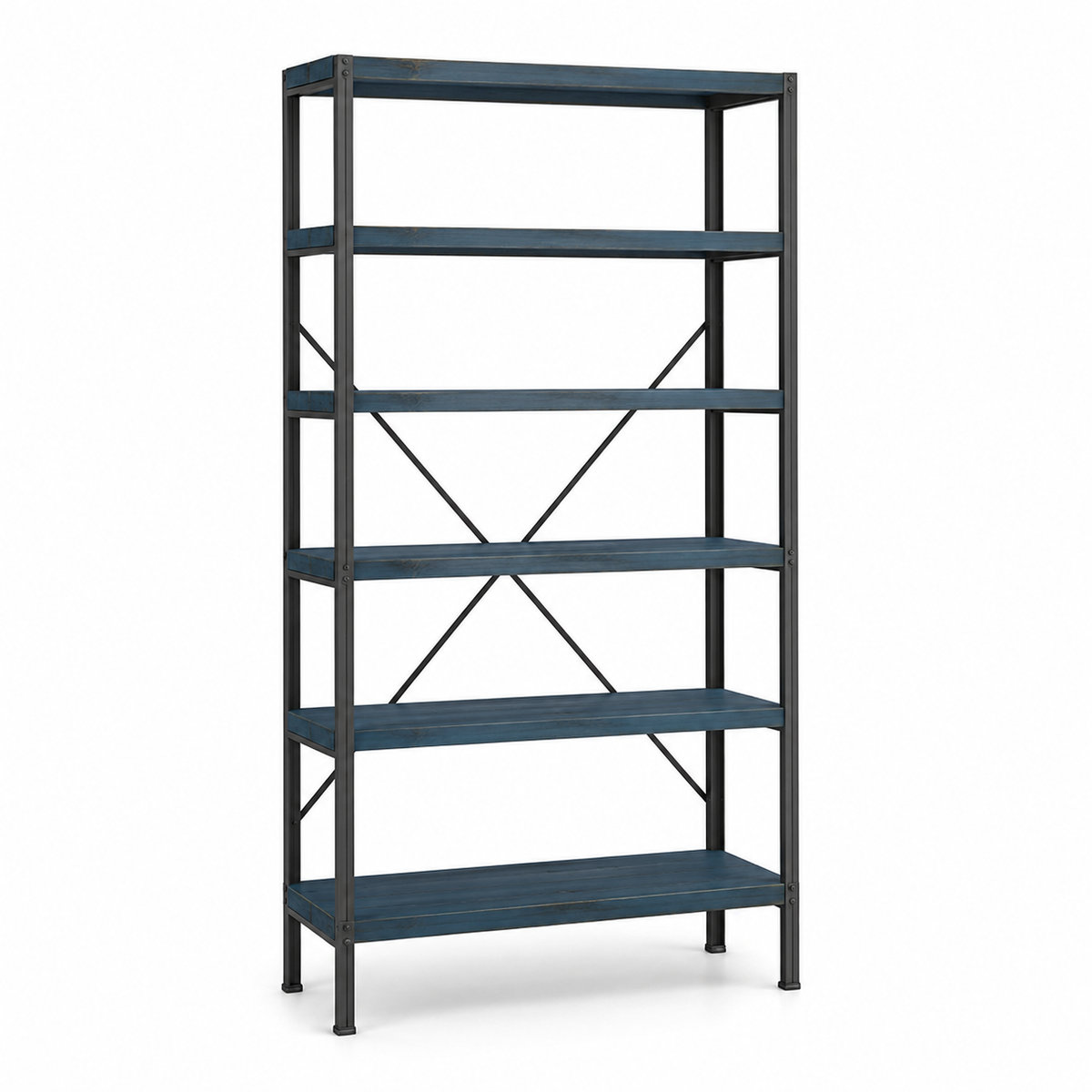 Bibliothèque industrielle douce bleu pétrole 92x32x188 cm avec 6 niveaux sur structure métal