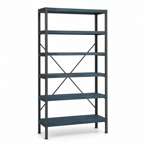 Bibliothèque industrielle douce bleu pétrole 92x32x188 cm avec 6 niveaux sur structure métal