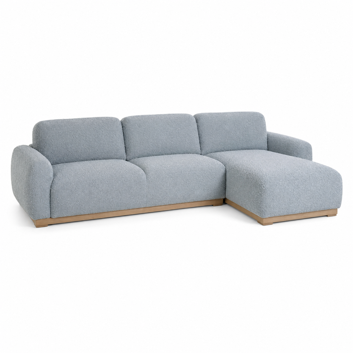 Canapé d'angle Japandi bleu brume 250x165x83 cm avec méridienne large et lignes basses