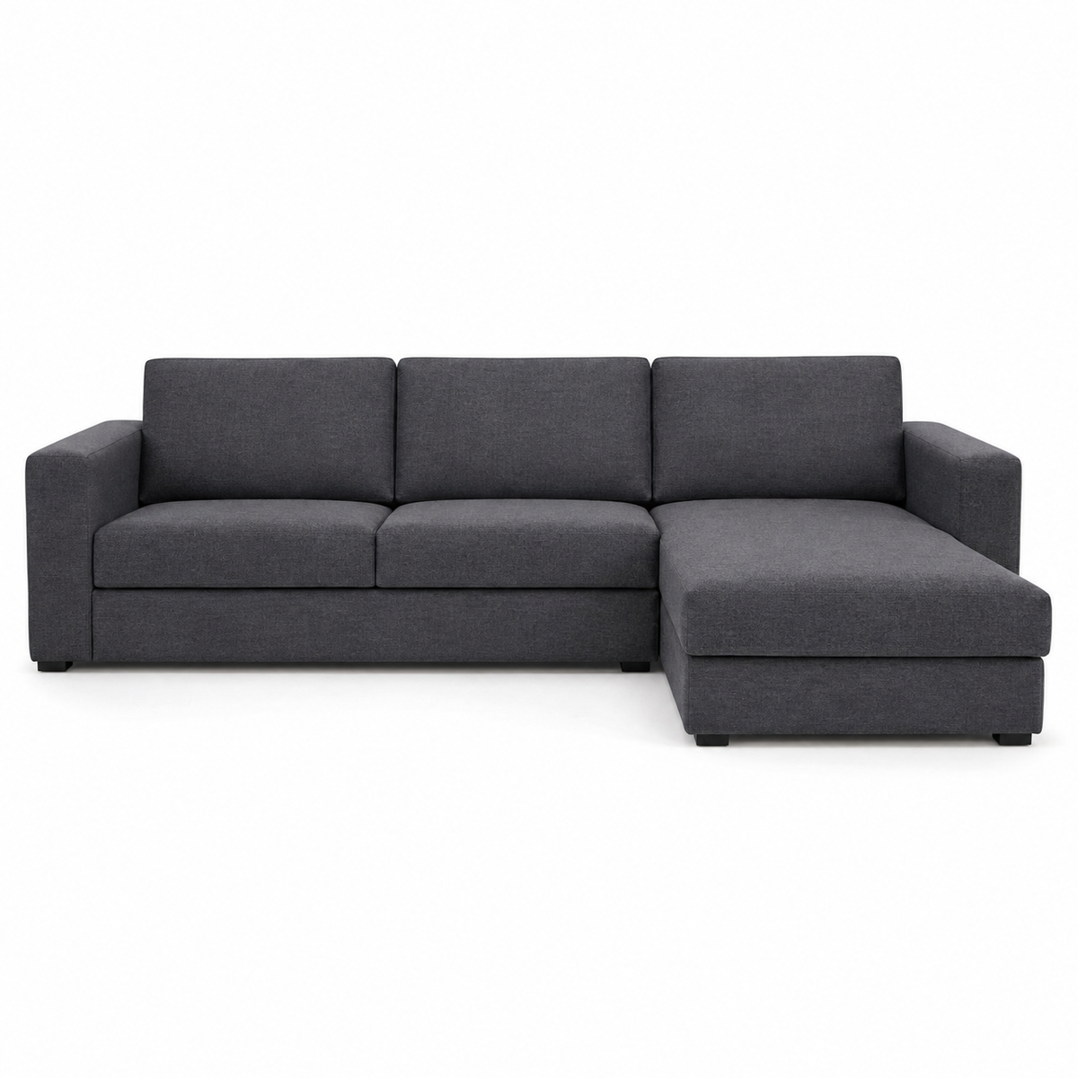 Canapé d'angle minimaliste gris anthracite 255x168x84 cm avec silhouette basse et coussins fermes