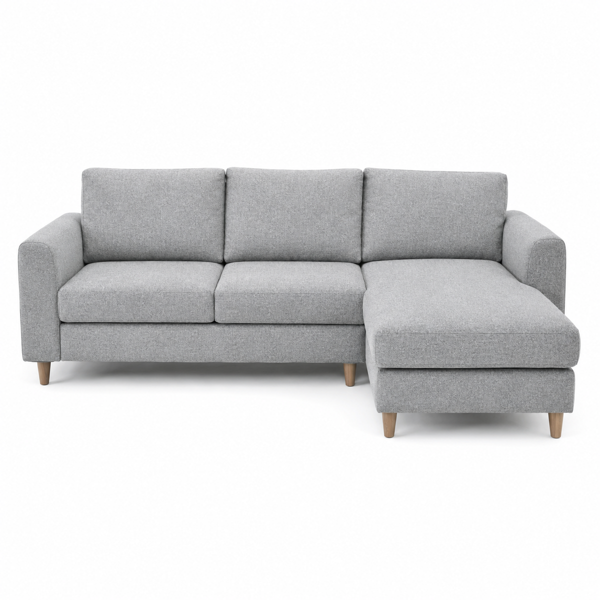 Canapé d'angle contemporain gris perle 230x150x80 cm avec format compact et méridienne courte