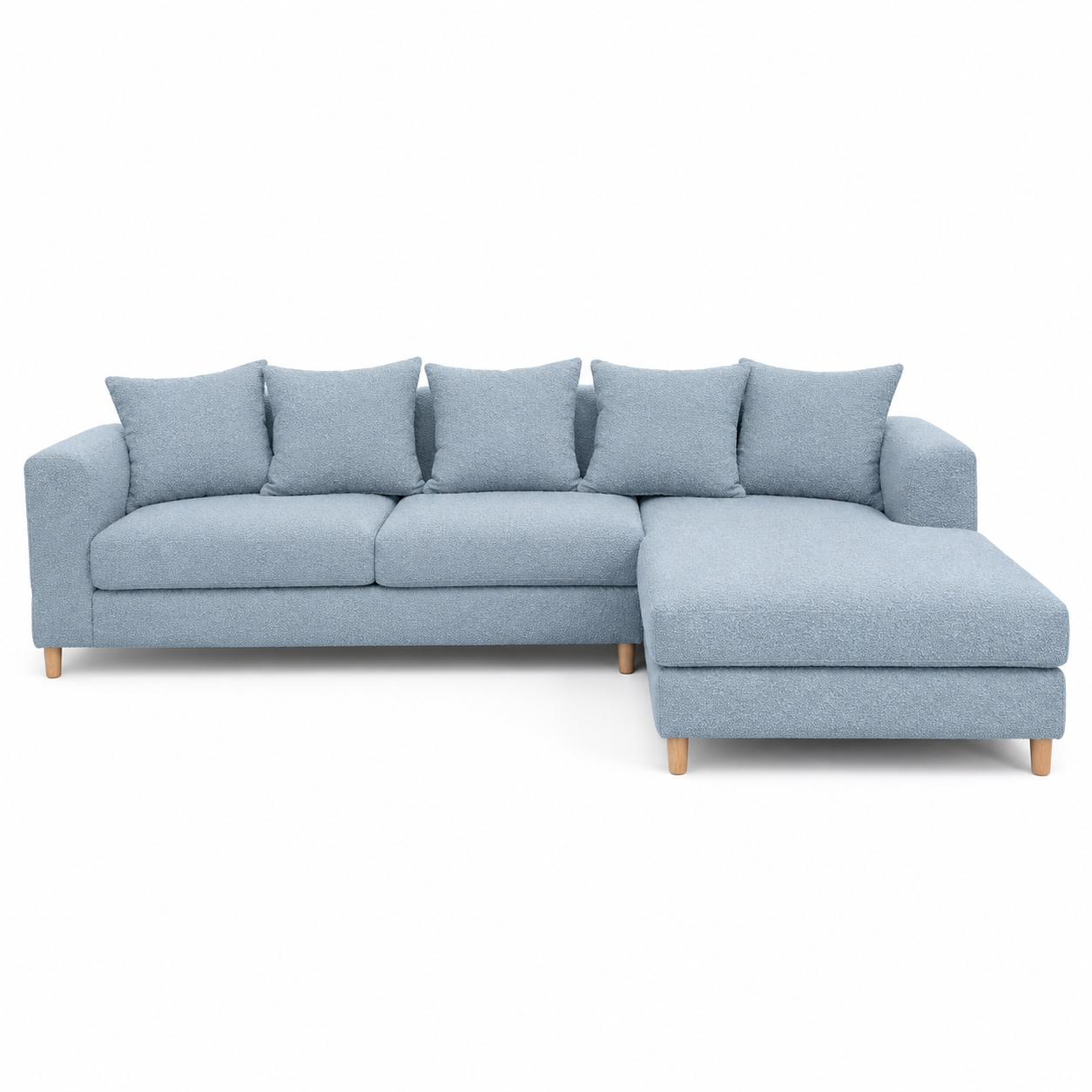 Canapé d'angle scandinave bleu glacier 290x185x88 cm avec grande méridienne et 6 coussins