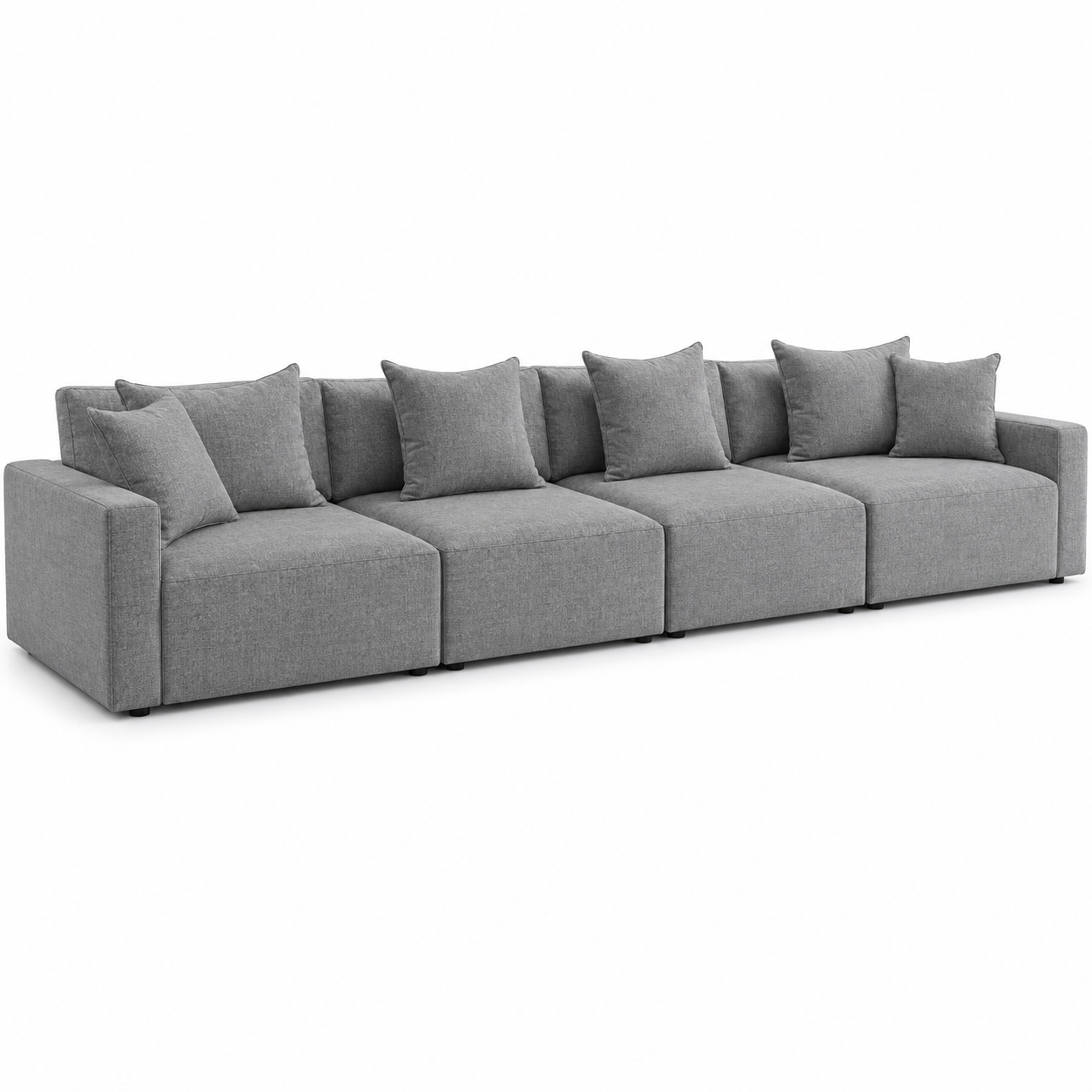Canapé modulaire contemporain gris acier 300x105x85 cm avec 4 modules larges et 6 coussins